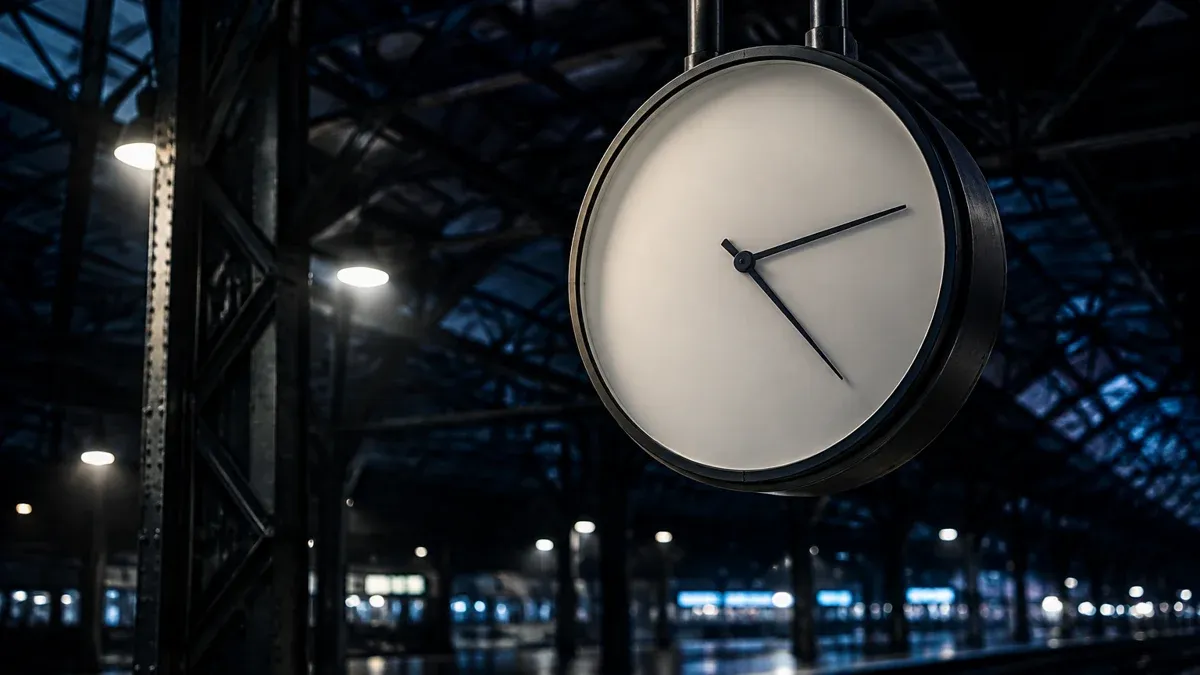 Große Bahnhofsuhr ohne Ziffern mit zwei Zeigern in einer leeren, nachts beleuchteten Bahnhofshalle