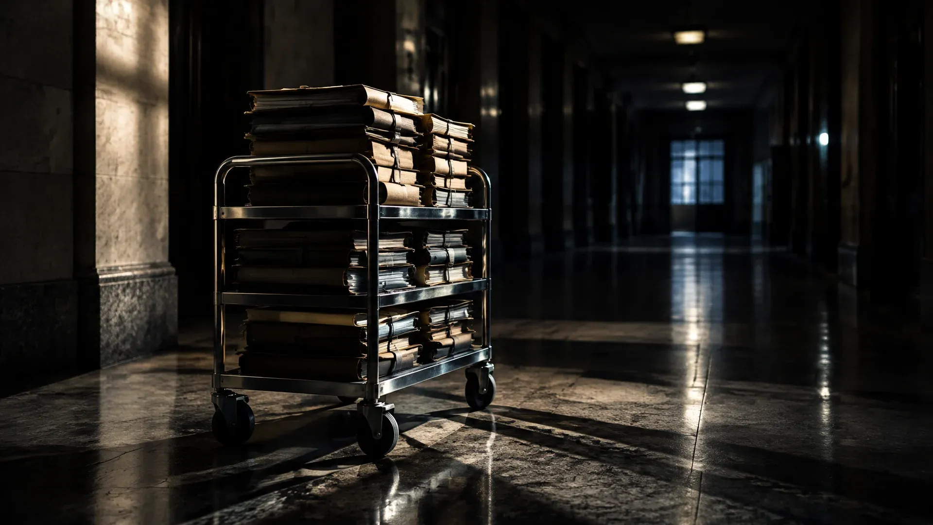 Ein metallener Aktenwagen mit hoch gestapelten Aktenmappen in einem leeren, nachts beleuchteten Amtsflur mit Steinboden