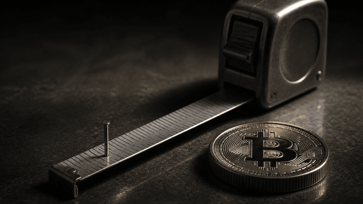 Gespanntes Stahlmaßband mit gleichmäßigen Kerben ohne Beschriftung, eine Kerbe mit einem Messingstift markiert, daneben eine Metallmünze mit Bitcoin-Zeichen