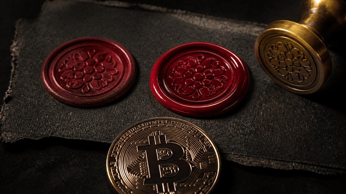 Zwei gleiche rote Wachssiegel aus demselben Stempel auf dunklem Büttenpapier, das rechte noch weich, daneben der Messingstempel und eine Bitcoin-Münze