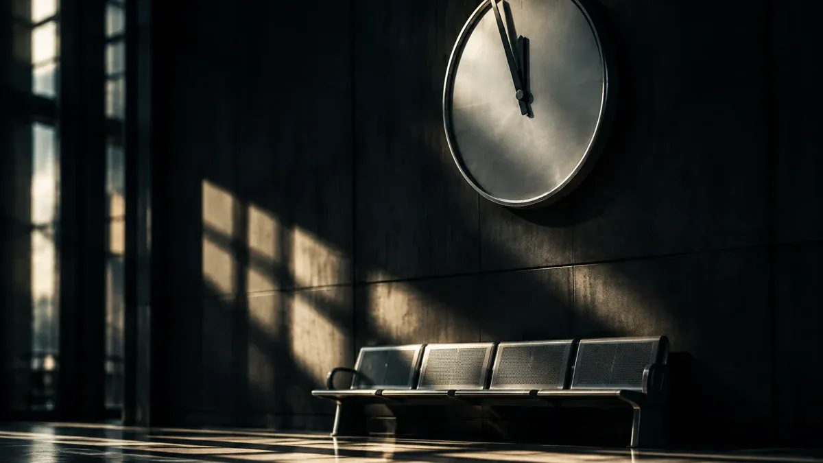 Grosse runde Bahnhofsuhr ohne Ziffern an einer Hallenwand ueber einer leeren Wartebank