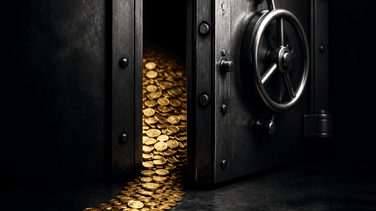 Massive steel vault door open by a crack, a counted stream of metal coins sliding out, a larger pile of coins remaining behind it in the half-dark