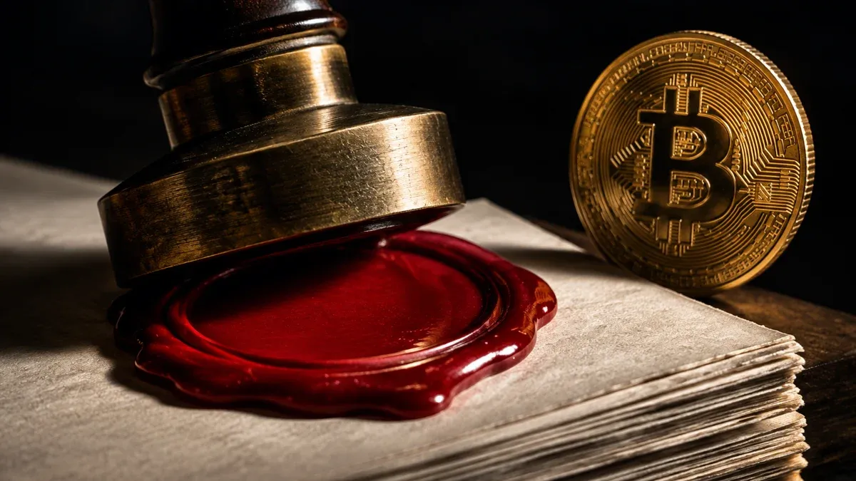 Schwerer Metallstempel presst ein glattes rotes Wachssiegel auf einen dicken Stapel amtlicher Papiere, daneben eine aufrecht stehende Münze mit Bitcoin-Zeichen