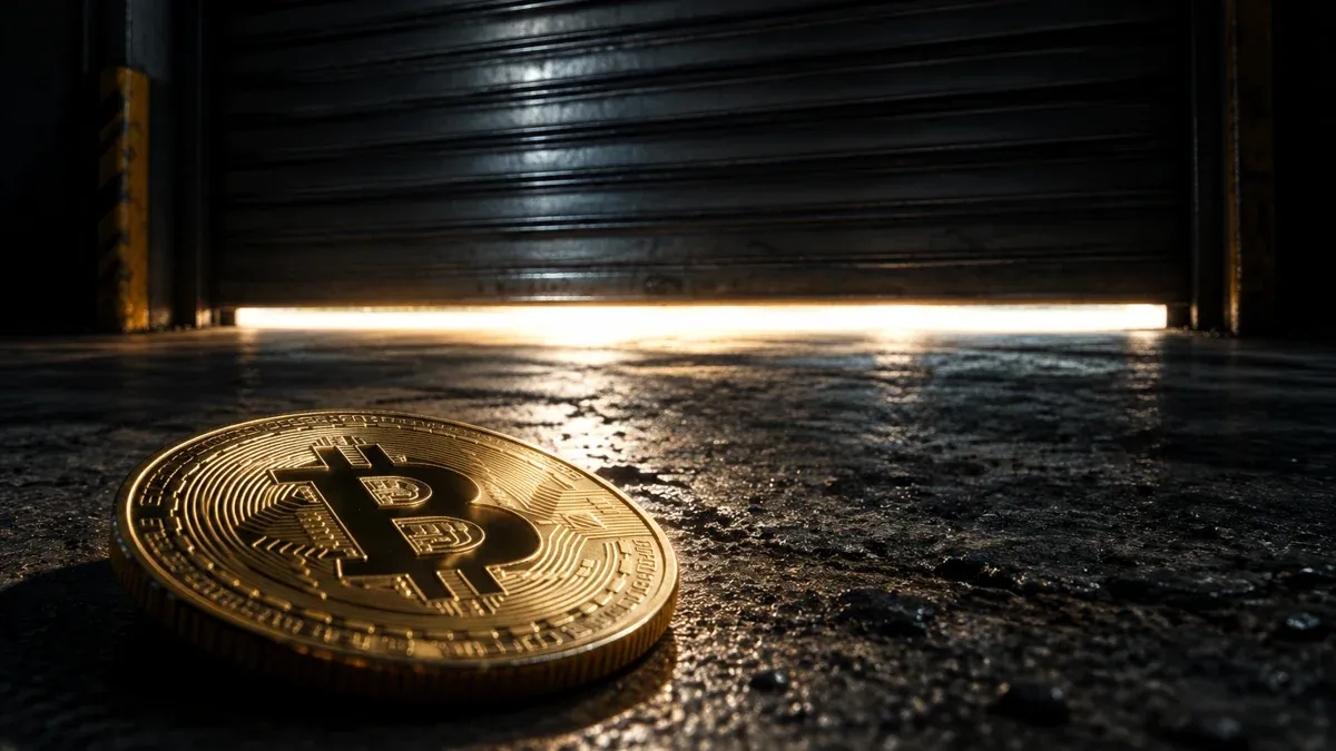 Schweres Stahlrolltor schließt sich über einem hell erleuchteten Durchgang und lässt nur einen schmalen Lichtspalt, im Vordergrund eine Münze mit Bitcoin-Zeichen auf Betonboden