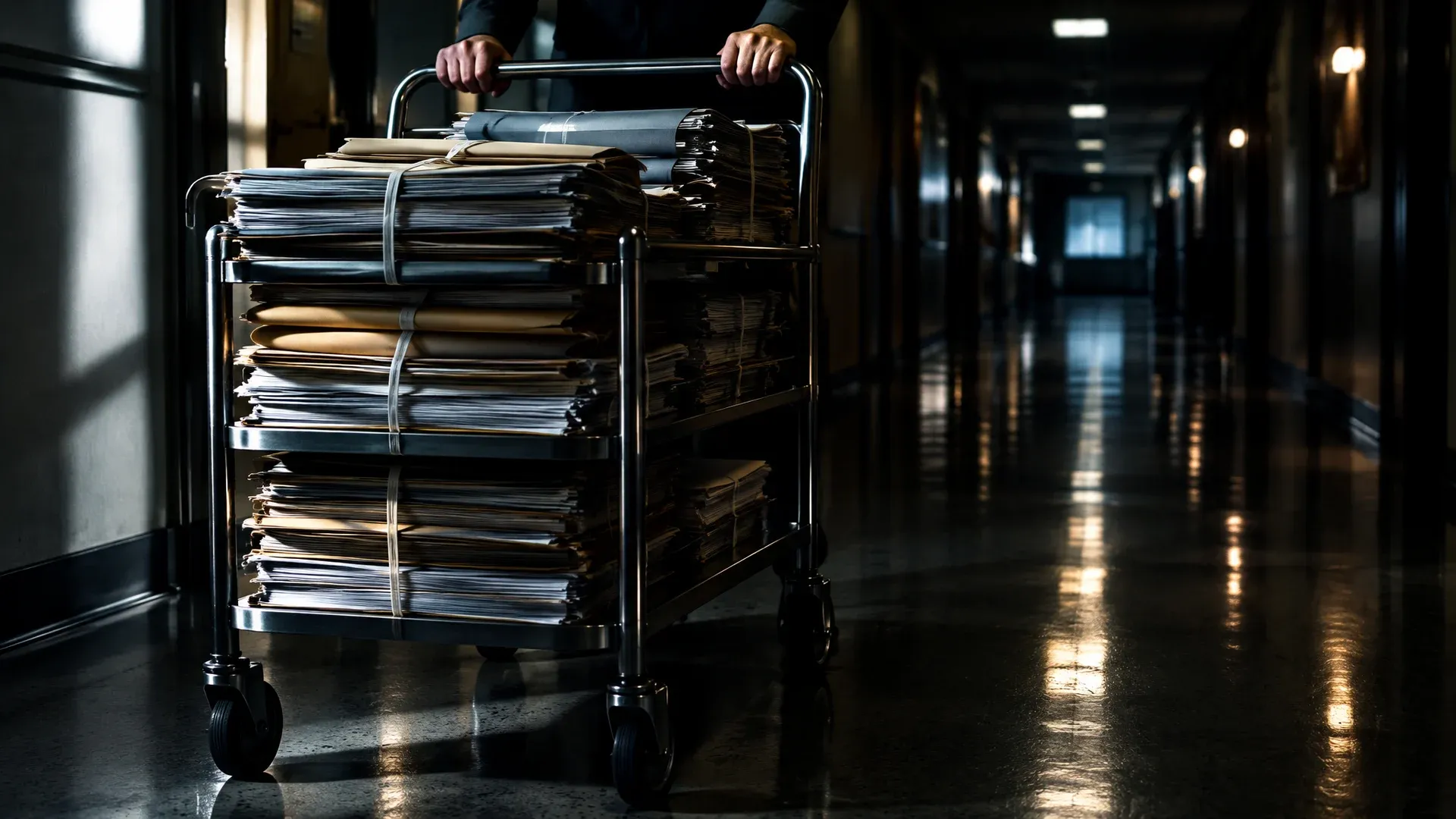 Beladener Aktenwagen mit gebündelten Aktenstapeln in einem nachts beleuchteten Behördenflur