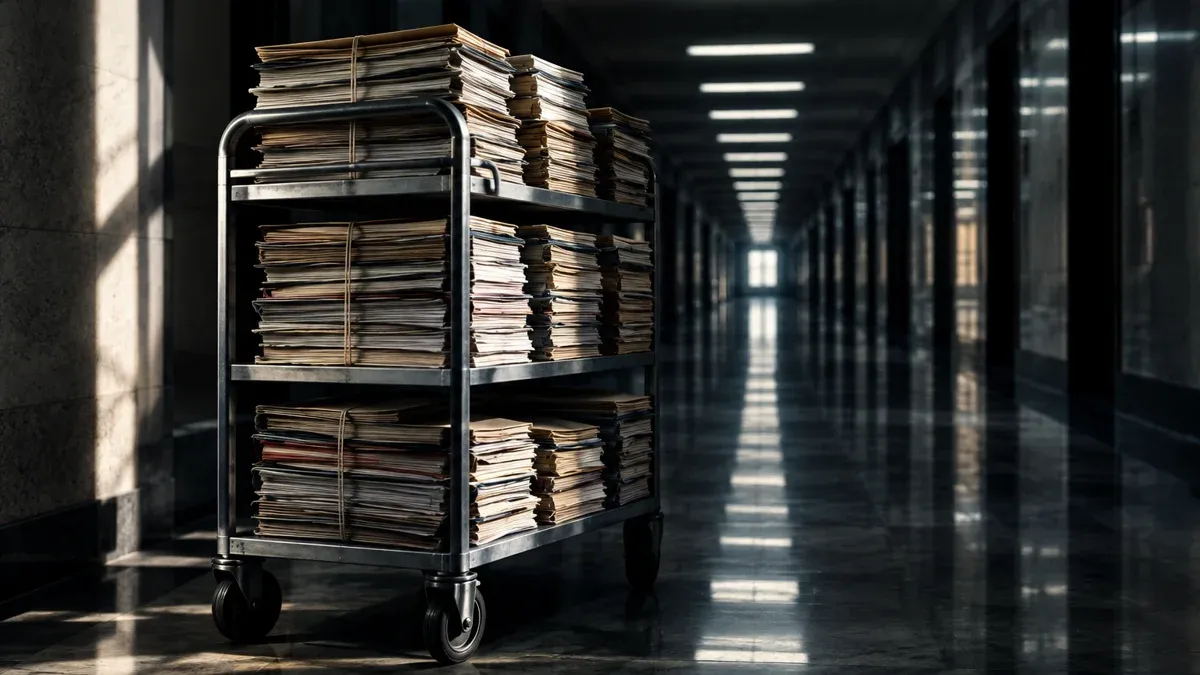Loaded file trolley with stacked bundles of documents in a long empty government corridor