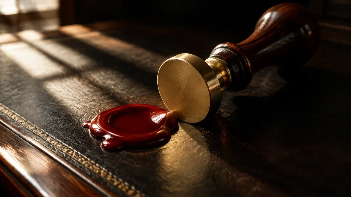 Brass stamp with no engraving beside a blob of red sealing wax on a dark desk