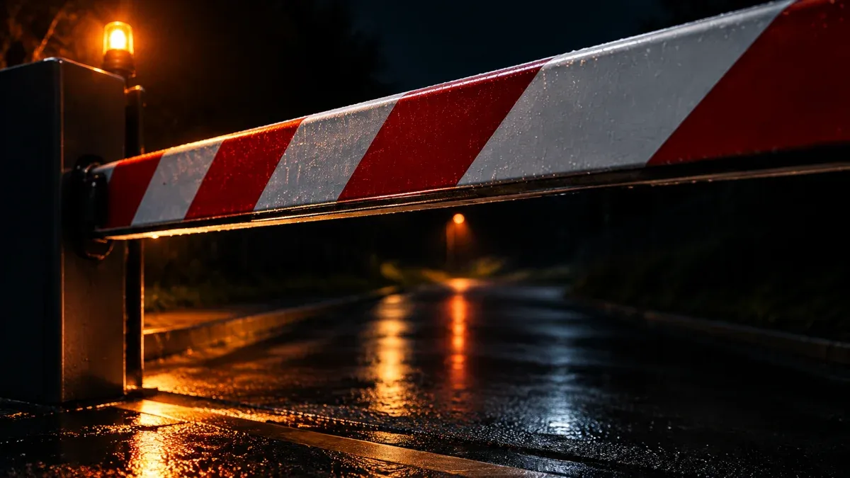 A red and white barrier lowers diagonally across a rain-soaked, empty access road, an orange warning light reflected in the asphalt