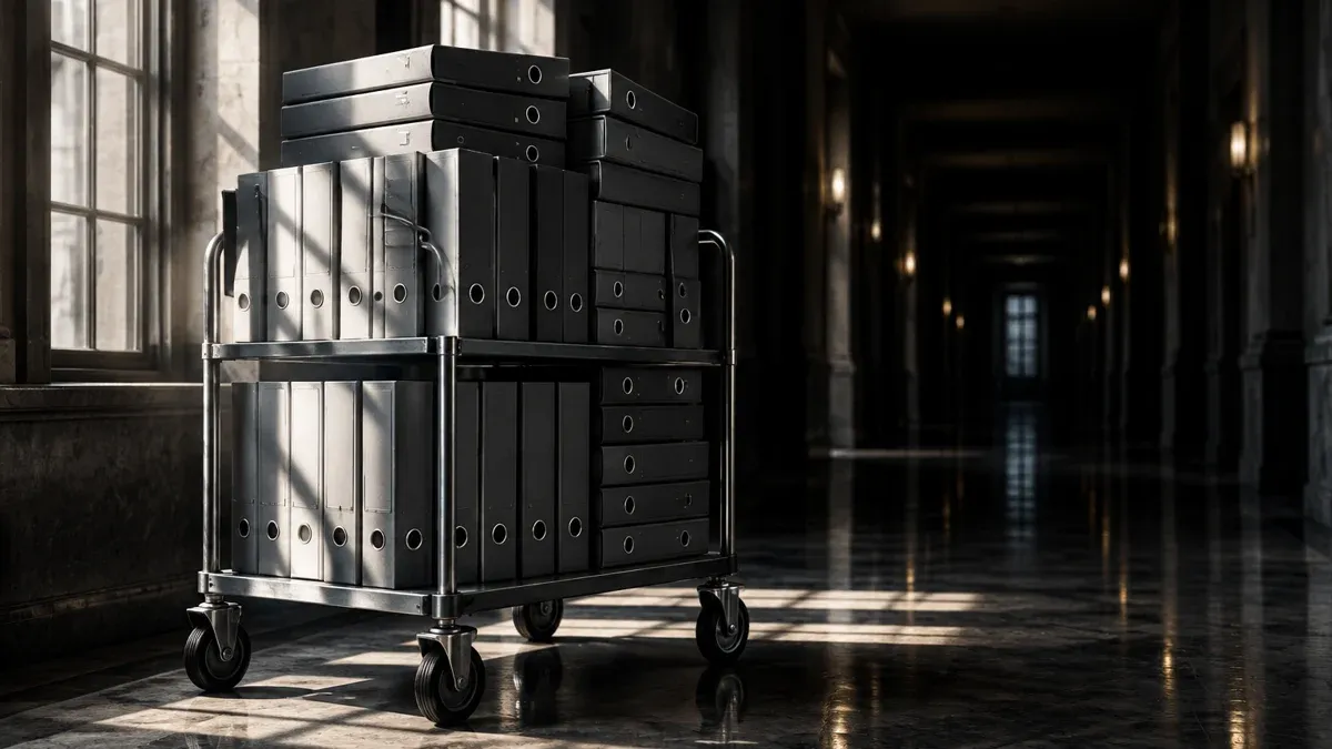 A loaded file trolley with stacks of unlabelled grey binders in an empty, dark government corridor of polished stone