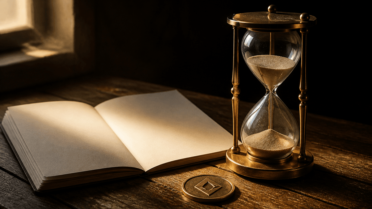 Messing-Sanduhr neben einem leeren aufgeschlagenen Buch und einer Goldmünze mit Rautensymbol auf Holztisch