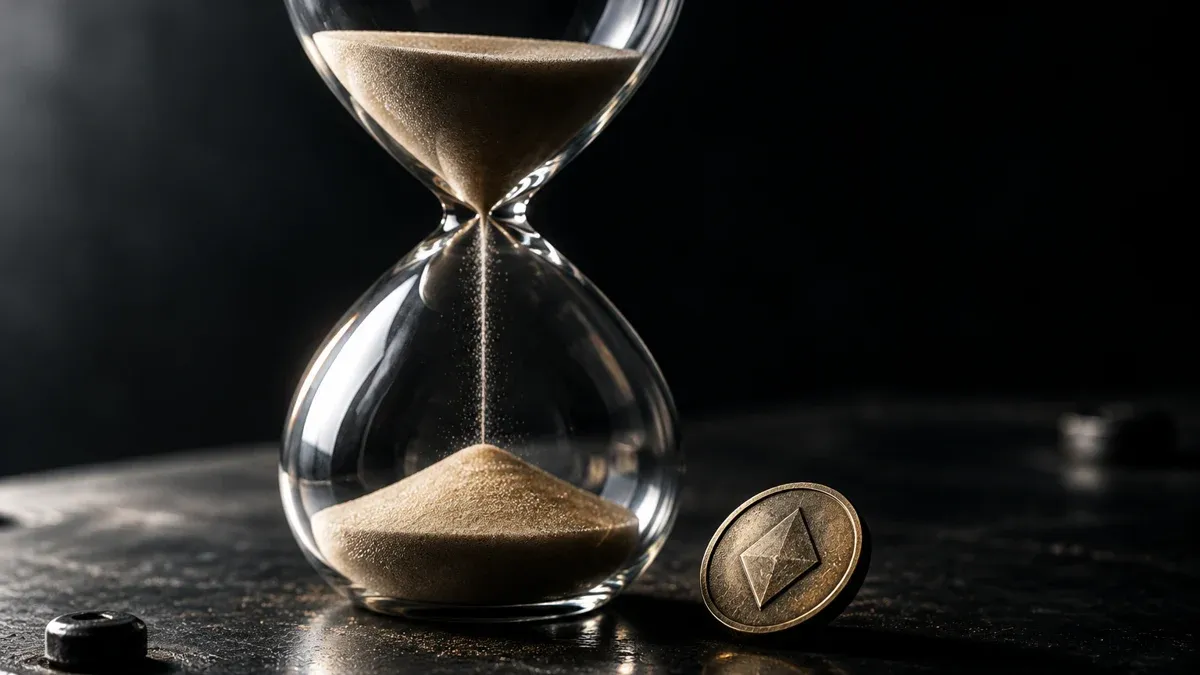 Glass hourglass whose sand has only run through by a quarter, next to it a coin with a diamond-shaped embossing