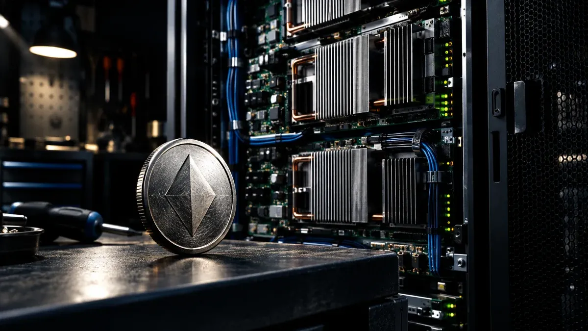 Opened server cabinet with circuit boards and heat sinks, in front of it a coin with a diamond-shaped embossing