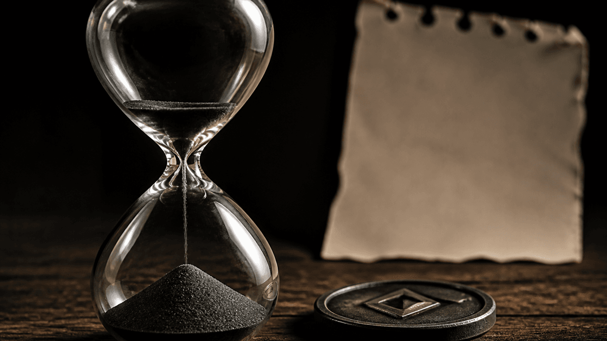 Gläserne Sanduhr mit fast durchgelaufenem Sand neben einer flach liegenden Metallmünze mit rautenförmigem Symbol