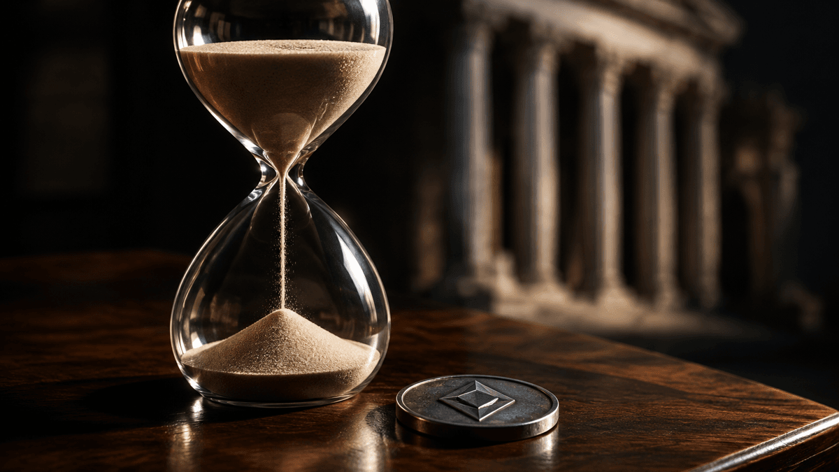 Eine fast durchgelaufene Sanduhr neben einer Metallmünze mit Rautensymbol auf einem dunklen Schreibtisch, dahinter Säulen
