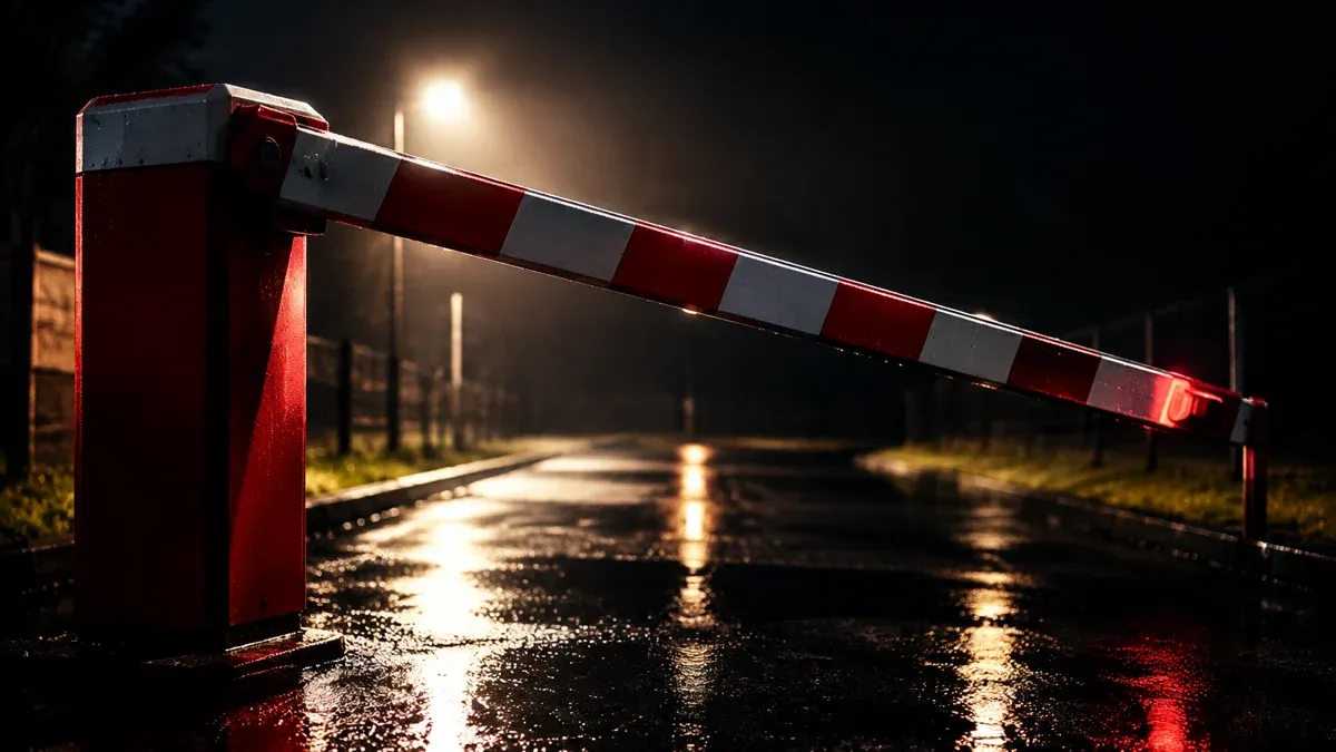 Halb abgesenkte rotweiße Schlagbaum-Schranke im Gegenlicht einer nächtlichen leeren Zufahrt auf nassem Asphalt