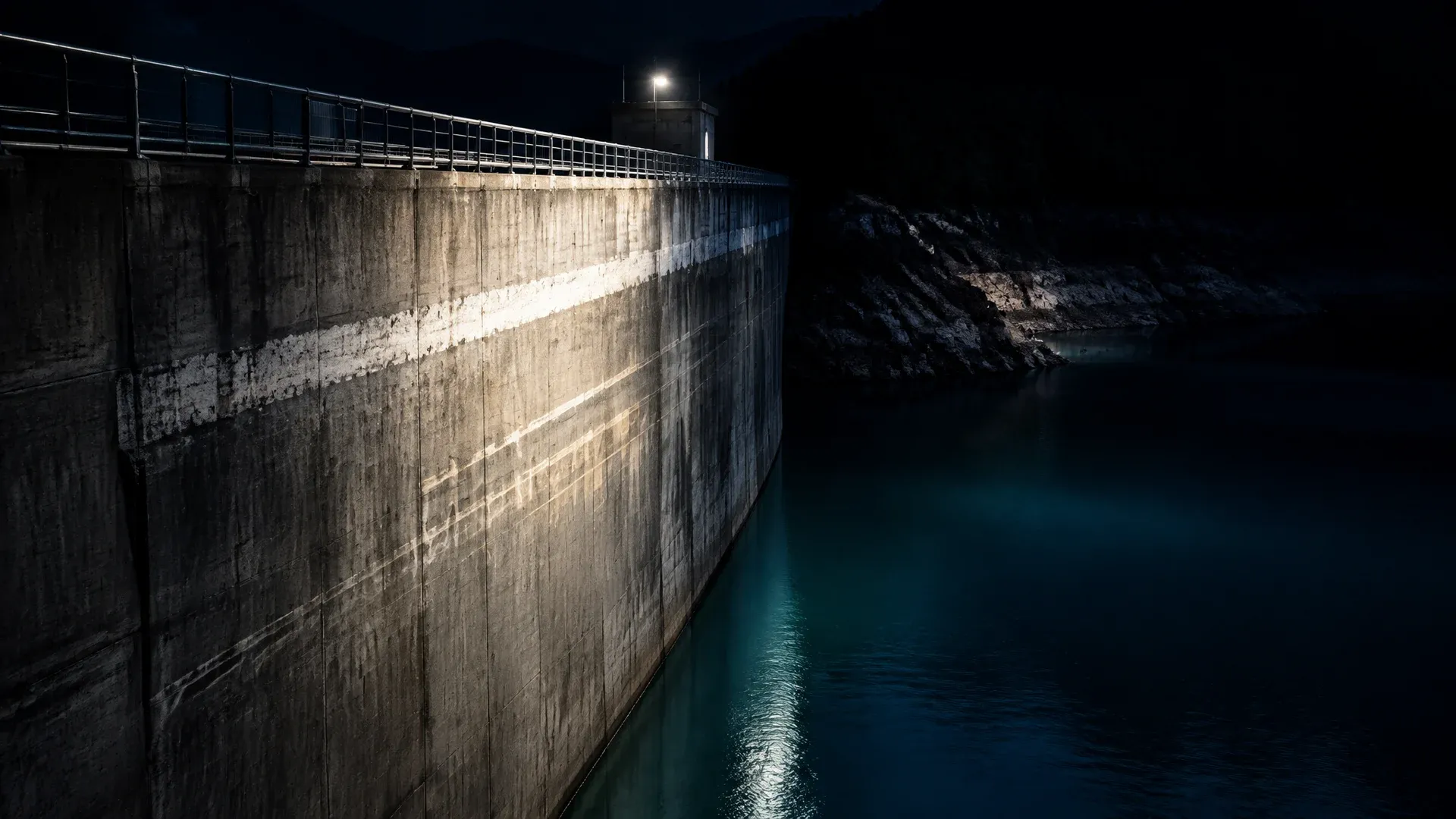 Stausee hinter einer hohen Betonmauer bei Nacht, der Wasserstand bleibt deutlich unter der Überlaufkante