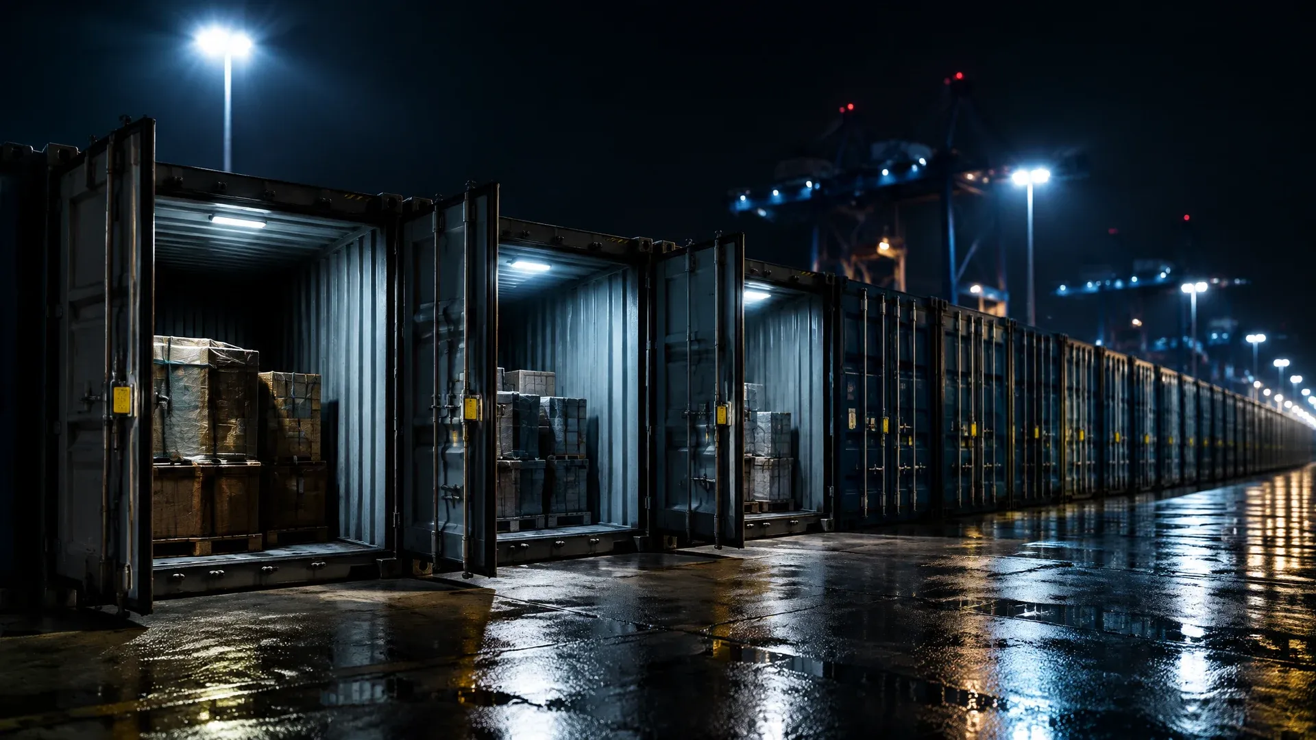 Lange Reihe verplombter Frachtcontainer unter Flutlicht, nur die vordersten drei Tore stehen offen