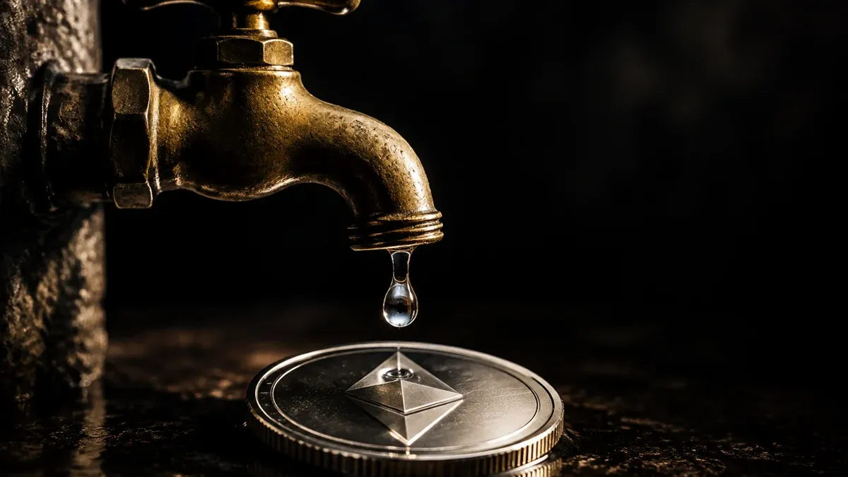 An old brass tap with one last hanging drop above a large polished metal coin bearing a diamond-shaped symbol