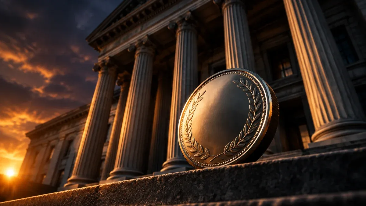A monumental neoclassical government building with stone columns at dusk, a large polished metal coin in front of it
