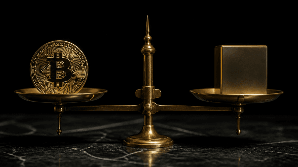 Messing-Balkenwaage im exakten Gleichgewicht, links eine Muenze mit Bitcoin-Zeichen, rechts ein massiver Metallwuerfel gleicher Groesse