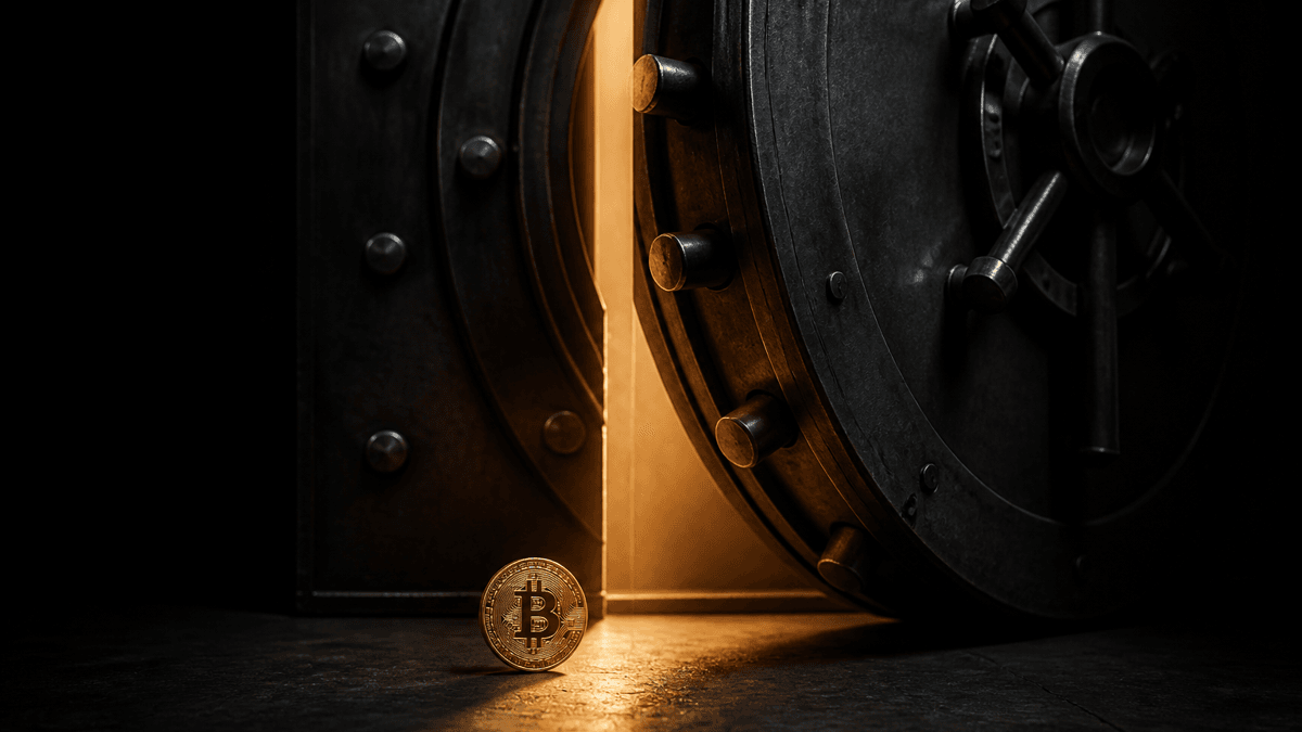 Fast geschlossene runde Stahl-Tresortuer, aus dem letzten Lichtspalt faellt ein warmer Streifen auf eine hochkant stehende Muenze mit Bitcoin-Zeichen davor