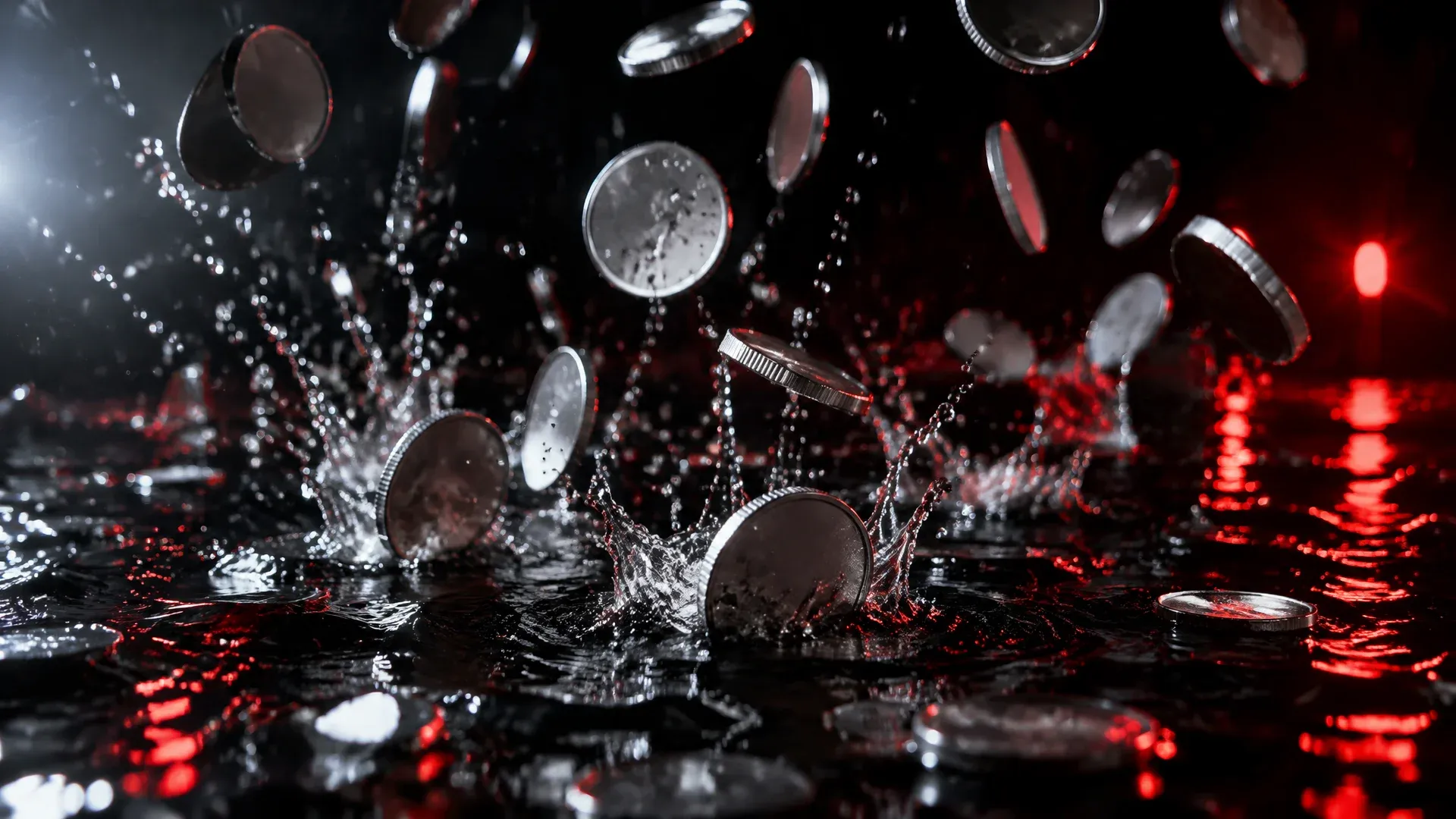 Silver coins falling like rain into a dark puddle with red light reflections
