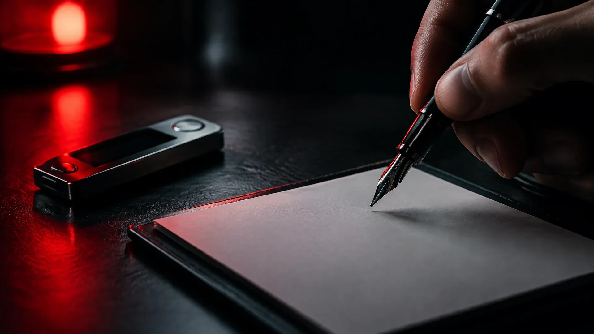 Fountain pen above an empty signature pad next to a hardware wallet, red warning light