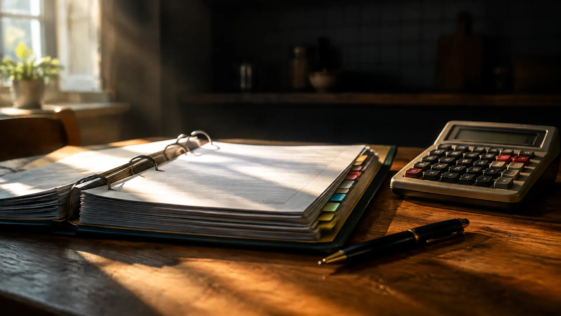 Aufgeschlagener Steuerordner mit bunten Registerstreifen neben einem Tischrechner und einem Stift auf einem Holztisch im Morgenlicht