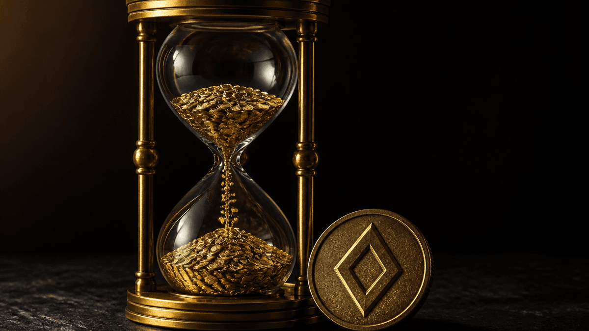 Schwere Sanduhr aus Messing und dickem Glas, durch die statt Sand winzige goldene Münzen rieseln, daneben eine große Metallmünze mit eingeprägtem rautenförmigem Symbol auf dunklem Schiefer