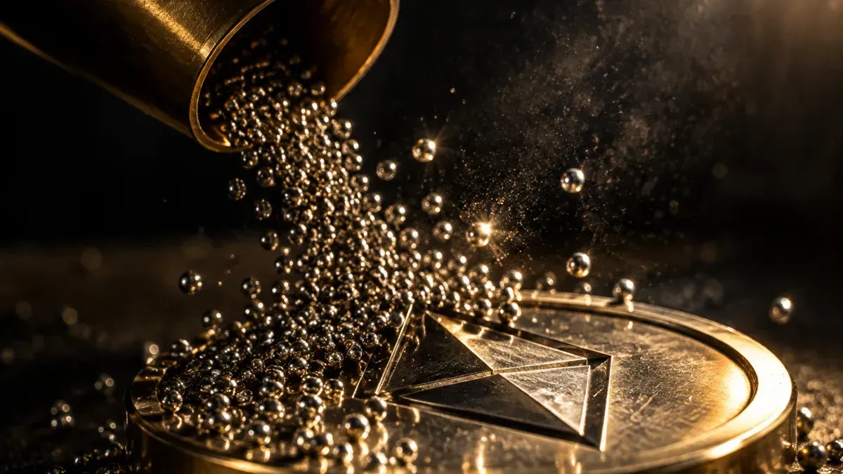 Winzige Metallkügelchen rieseln aus einem Messingtrichter auf eine große liegende Münze mit eingeprägtem Rautensymbol