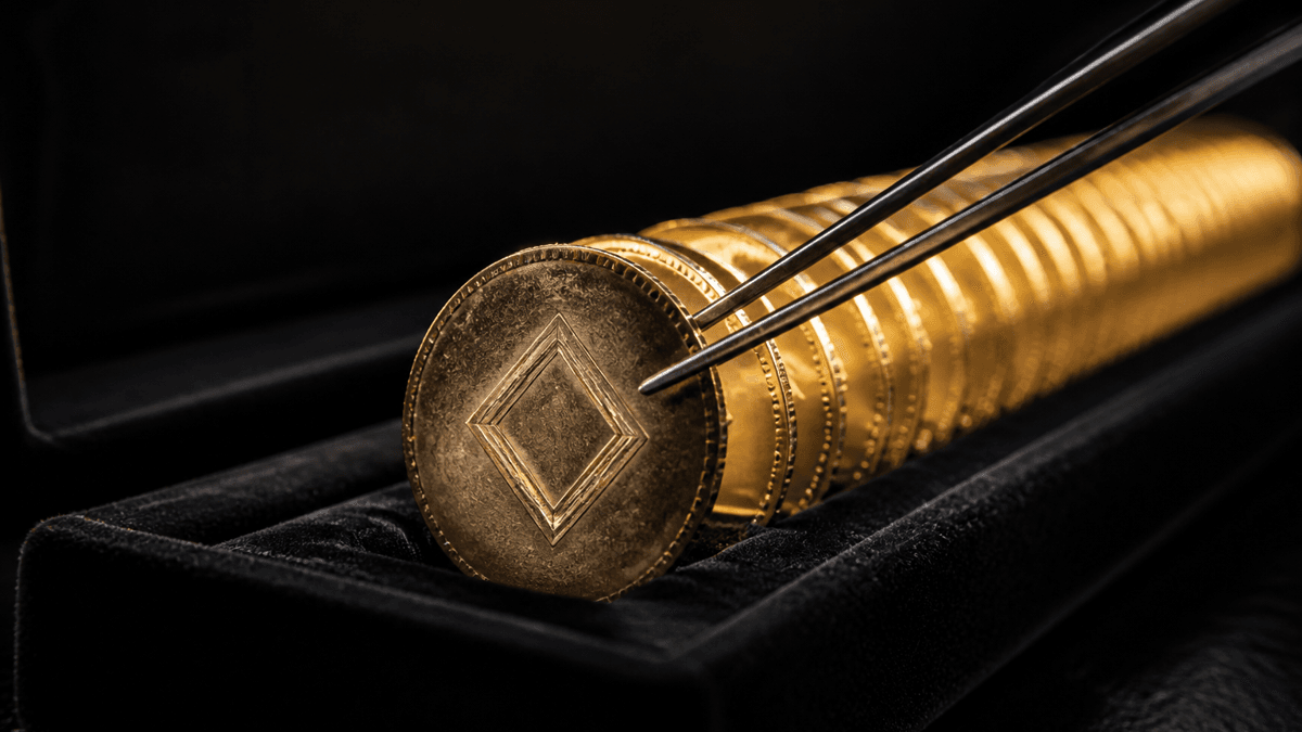 Steel tweezers lifting the front, dully patinated gold coin out of a row of mirror-bright coins in a black velvet case