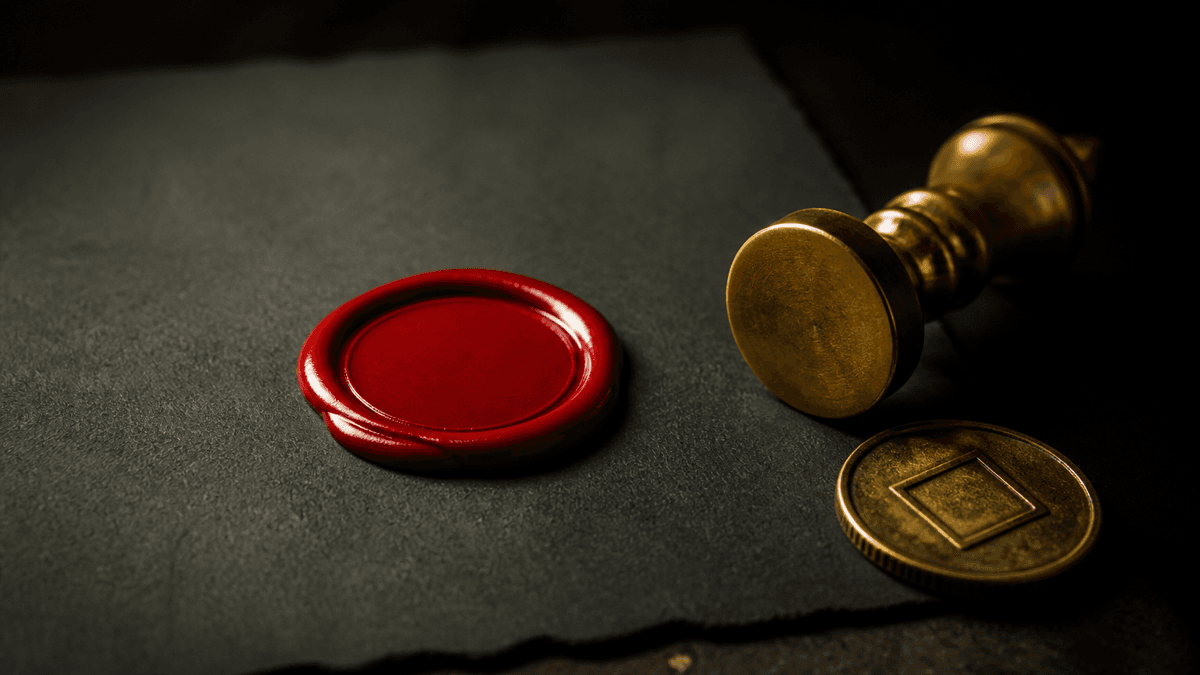 A red wax seal with no embossed image on dark handmade paper beside a brass seal stamp and a gold coin bearing a diamond symbol