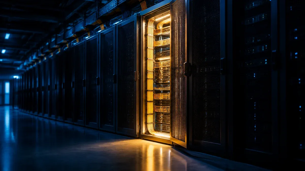 Dark row of server cabinets, only a single cabinet in the middle brightly lit