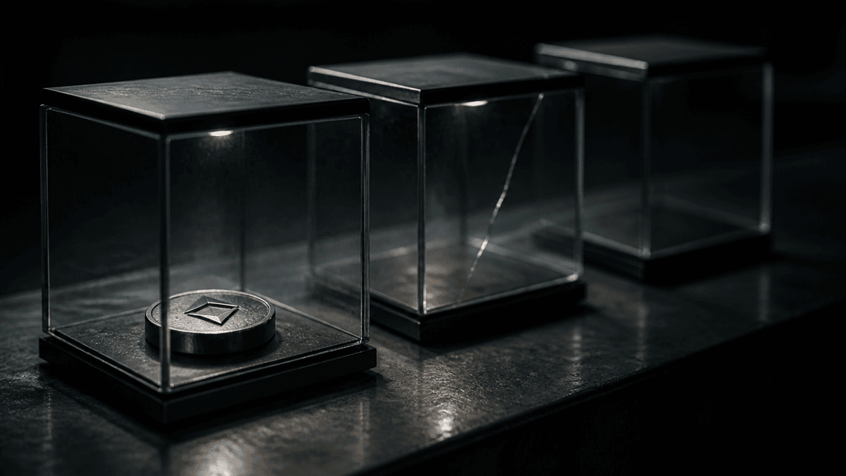 Drei baugleiche gläserne Prüfkammern auf einer Stahlwerkbank, in der vordersten eine Metallmünze mit rautenförmigem Symbol, die mittlere Kammer zeigt einen Sprung im Glas