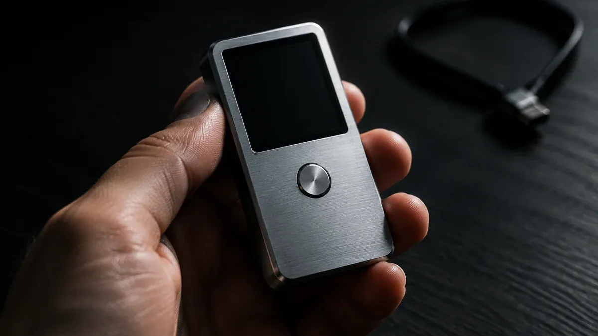 Hand hält ein markenloses Hardware-Gerät aus gebürstetem Aluminium mit dunklem Display über einer schwarzen Tischplatte