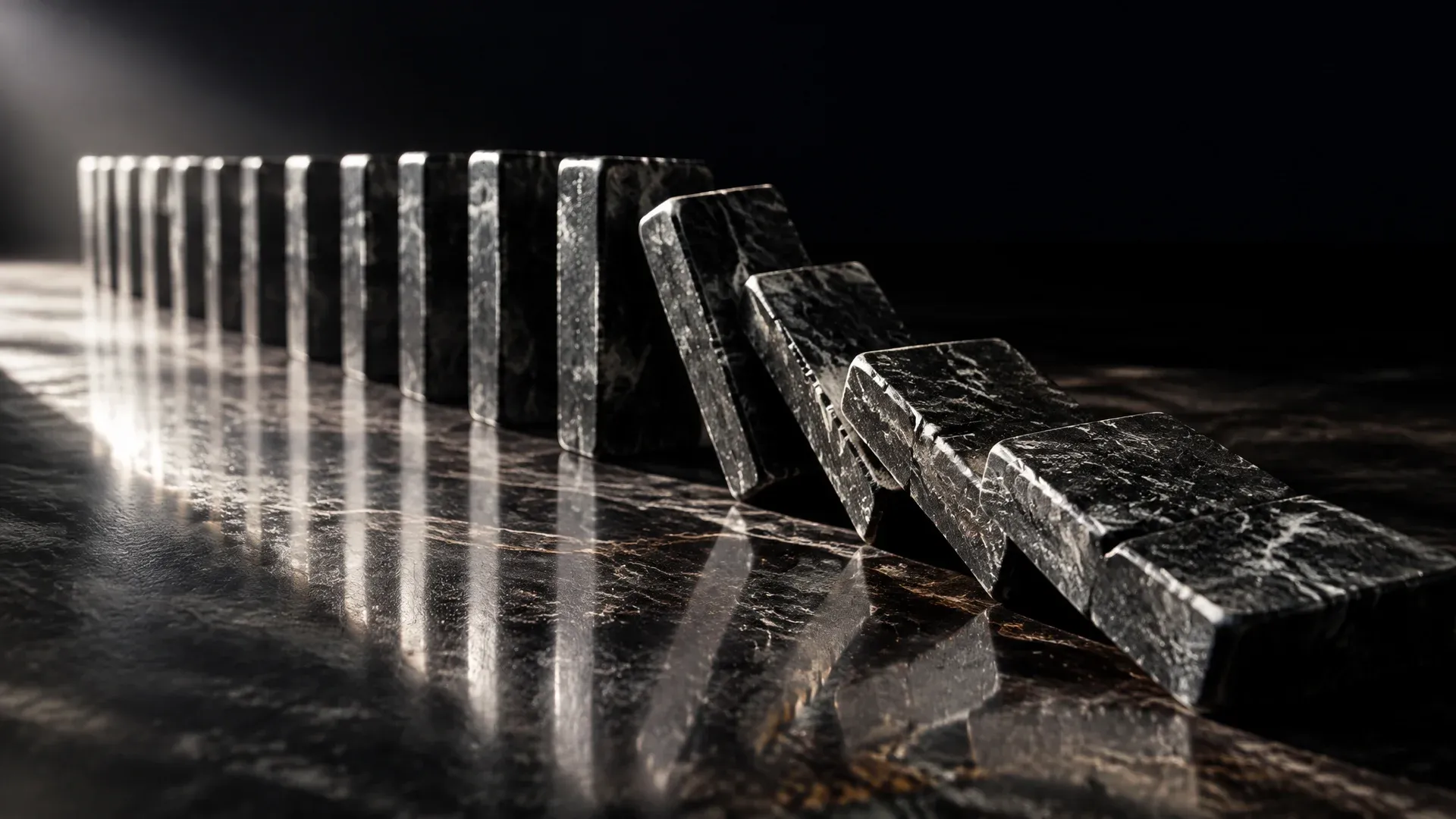 Long row of heavy dominoes cut from dark stone, the front ones have toppled while those behind still stand