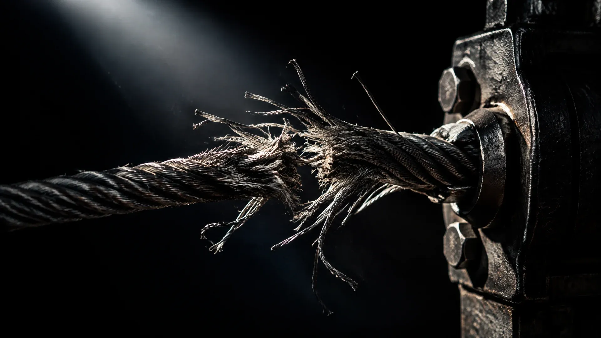 Snapped steel cable on a heavy iron tensioning device, the strands stand out where they have burst open