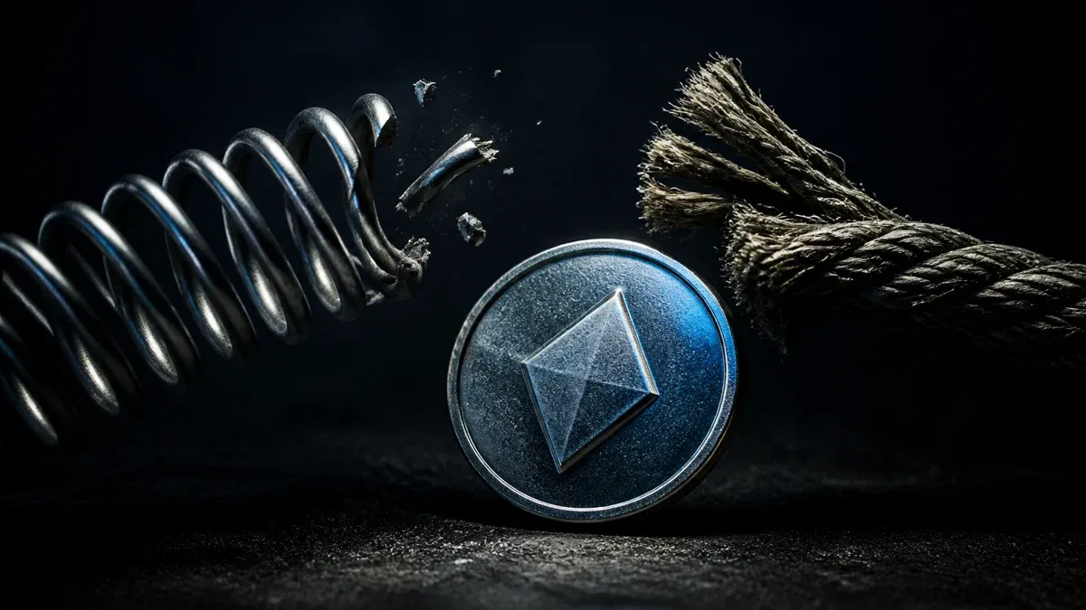 Snapped rope and a tensioned steel spring on a dark surface beside a silver-blue coin