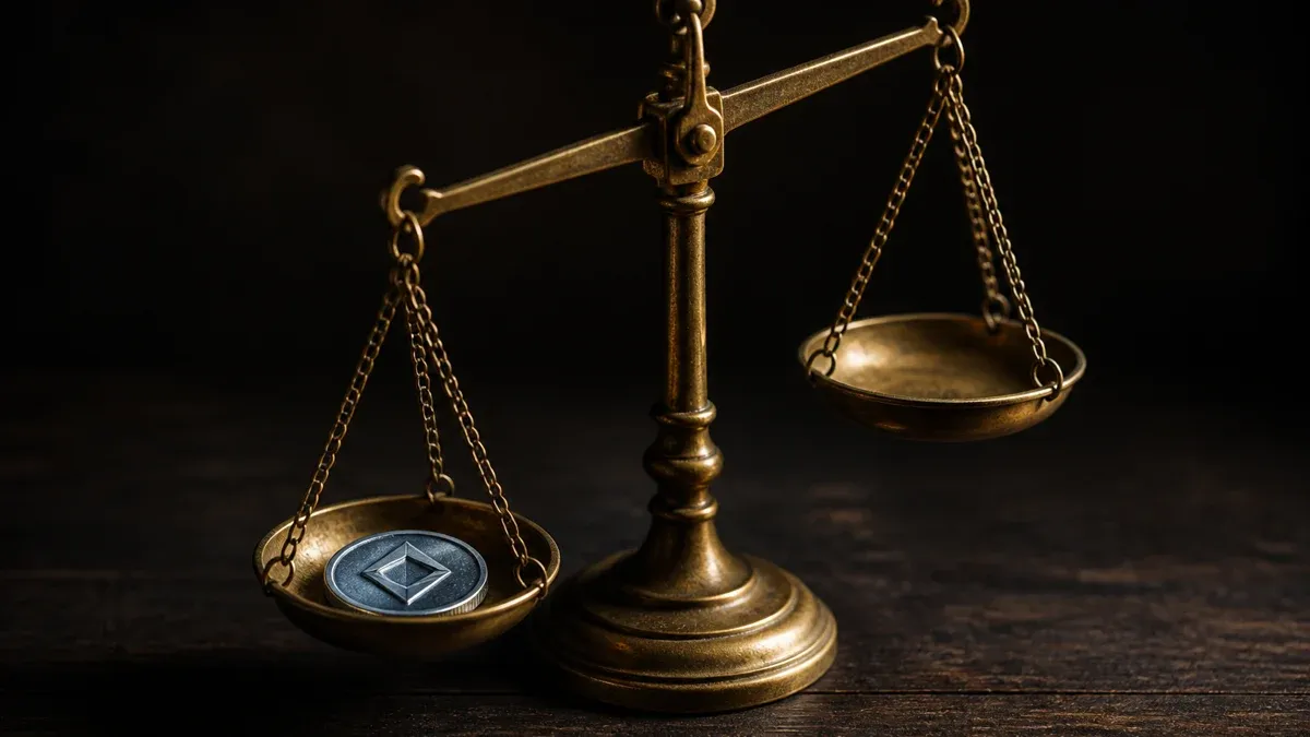 Brass balance scale with a silver-blue coin in one pan and the other empty