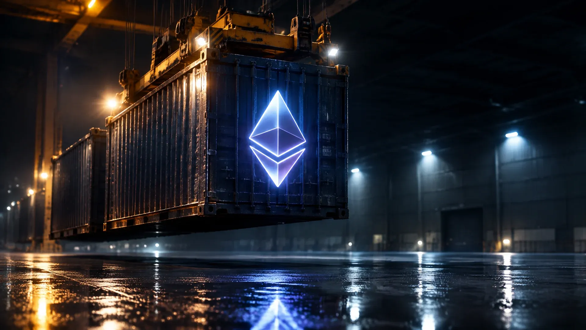 Nachtaufnahme eines Frachtterminals, ein Portalkran hebt einen Stahlcontainer mit dem Ethereum-Zeichen als Neonzeichen aus einer leeren Lagerhalle