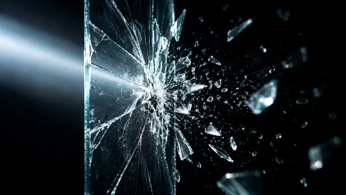 Zerspringende Glasscheibe im Gegenlicht, Splitter fliegen in die Dunkelheit