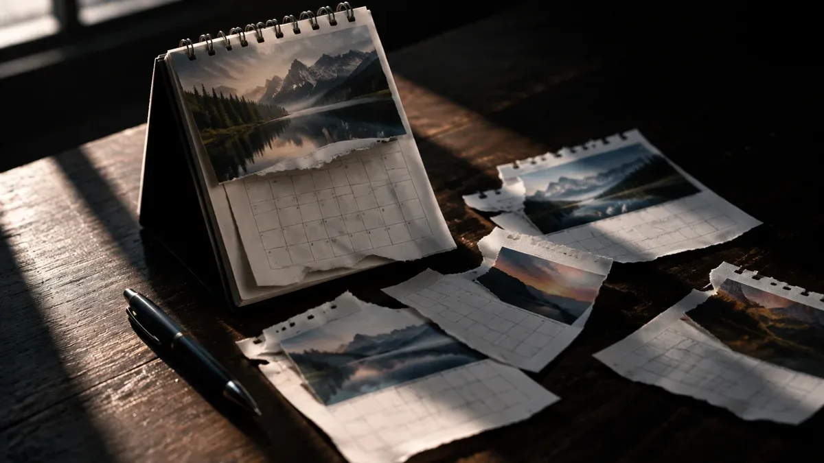 Wandkalender mit abgerissenen Blättern auf dunkler Holztischplatte, daneben ein Kugelschreiber