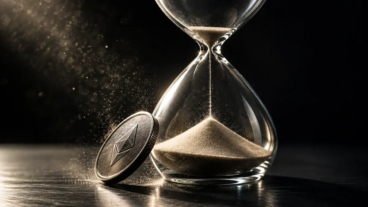 Glaeserne Sanduhr mit fast leerem oberem Kolben, davor kippt eine Muenze mit Rautensymbol gegen den Glasfuss