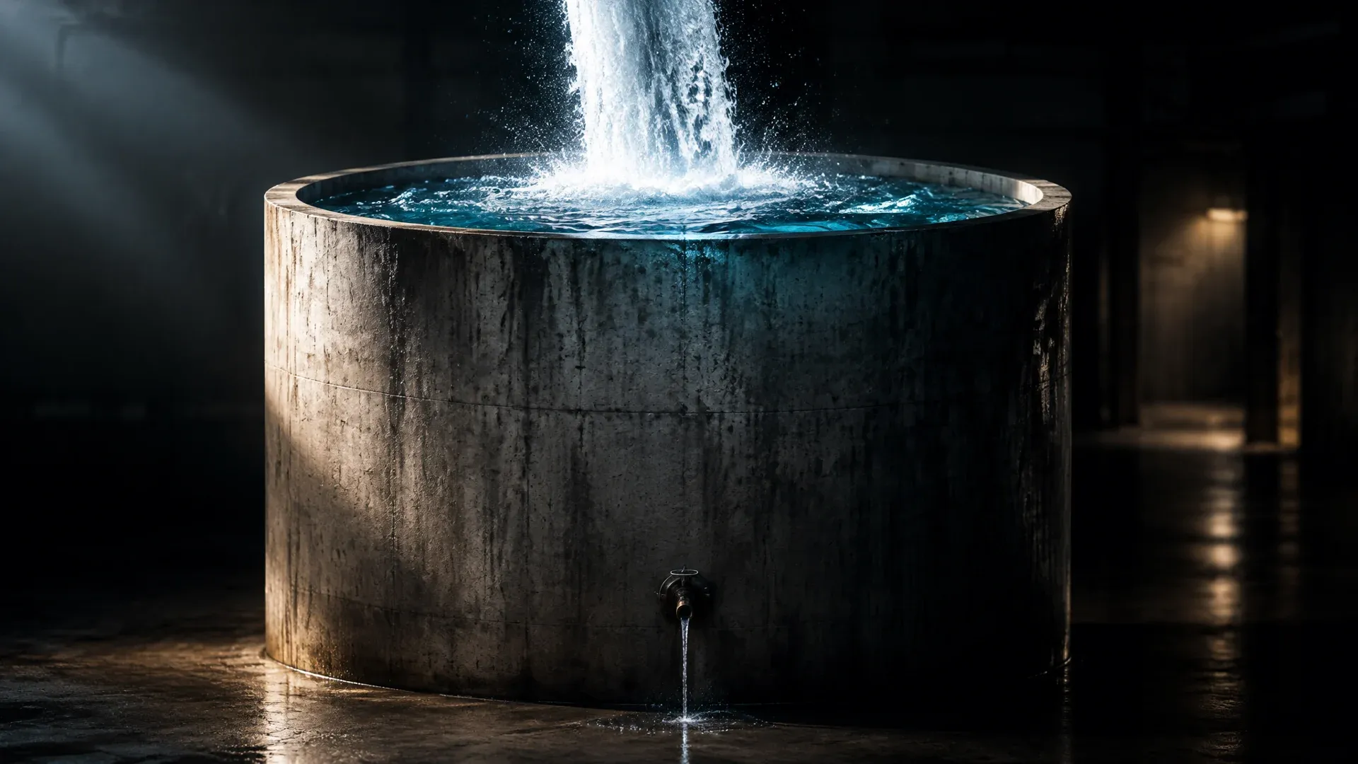 Hoher Betontank in abgedunkelter Halle, von oben läuft ein breiter Wasserstrahl hinein, unten tritt nur ein dünner Faden durch ein winziges Ventil aus