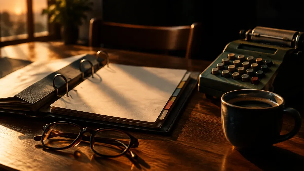 Open ring binder with blank index sheets, a mechanical desk calculator, reading glasses and a coffee cup in evening light