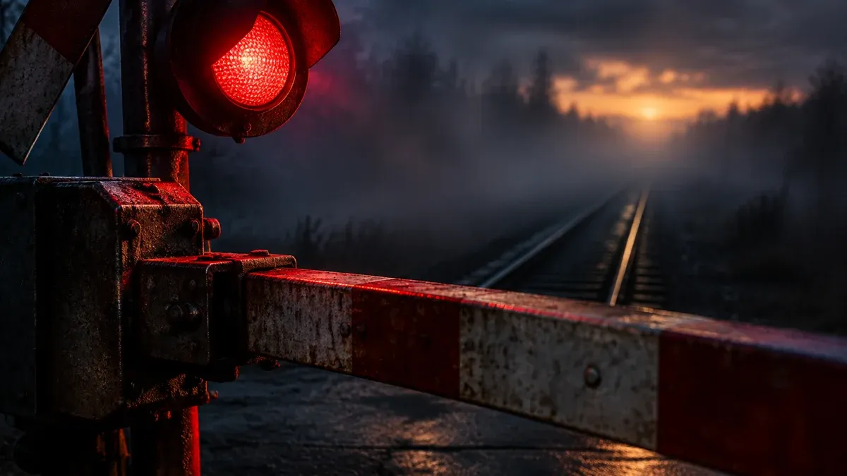 Closed red and white railway barrier with a red warning light in front of an empty track in fog