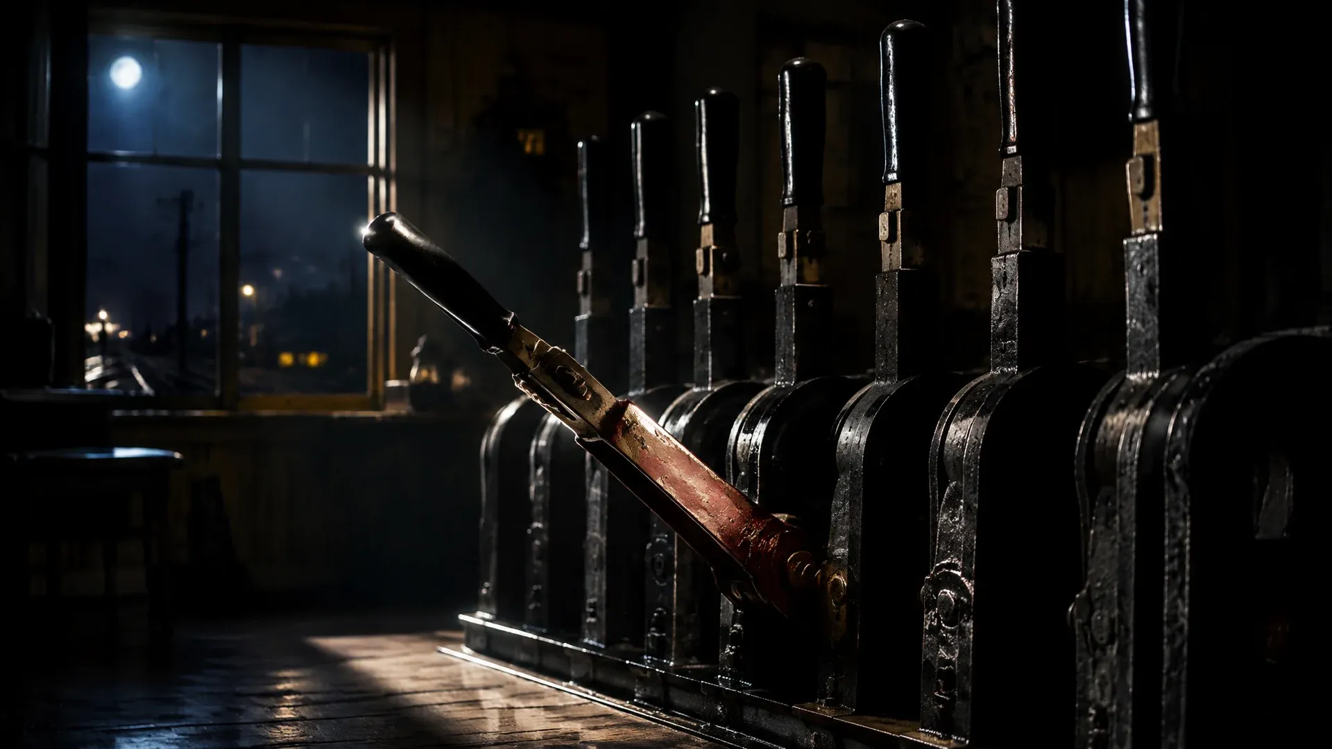 A row of heavy iron signal levers in a signal box at night, one lever thrown