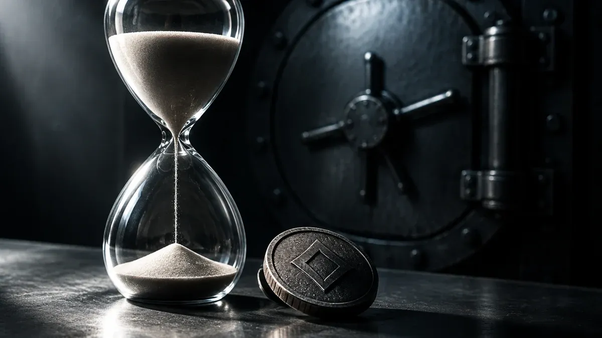 Gläserne Sanduhr neben einer Münze mit rautenförmiger Prägung vor einer geschlossenen Tresortür
