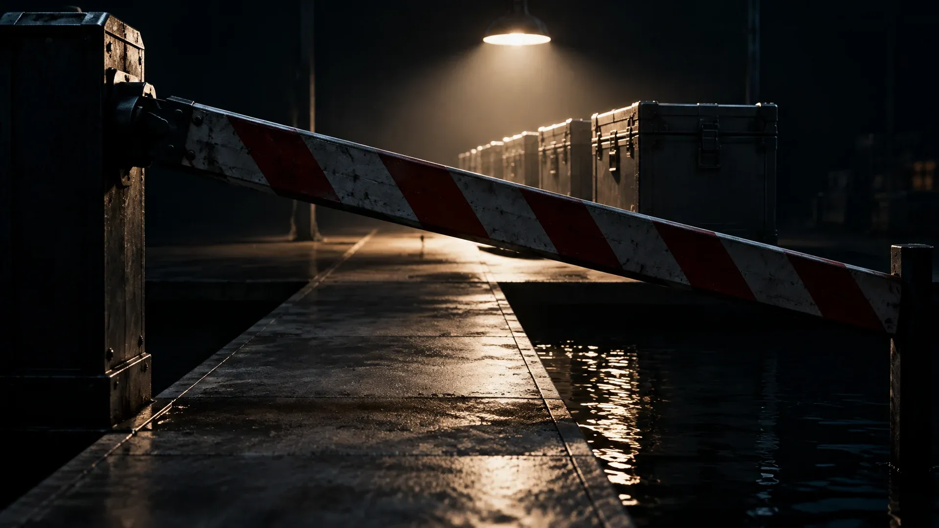 Stahlschranke, die sich quer über einen schmalen Betonsteg über dunklem Wasser senkt, dahinter eine Reihe verschlossener Metallkisten
