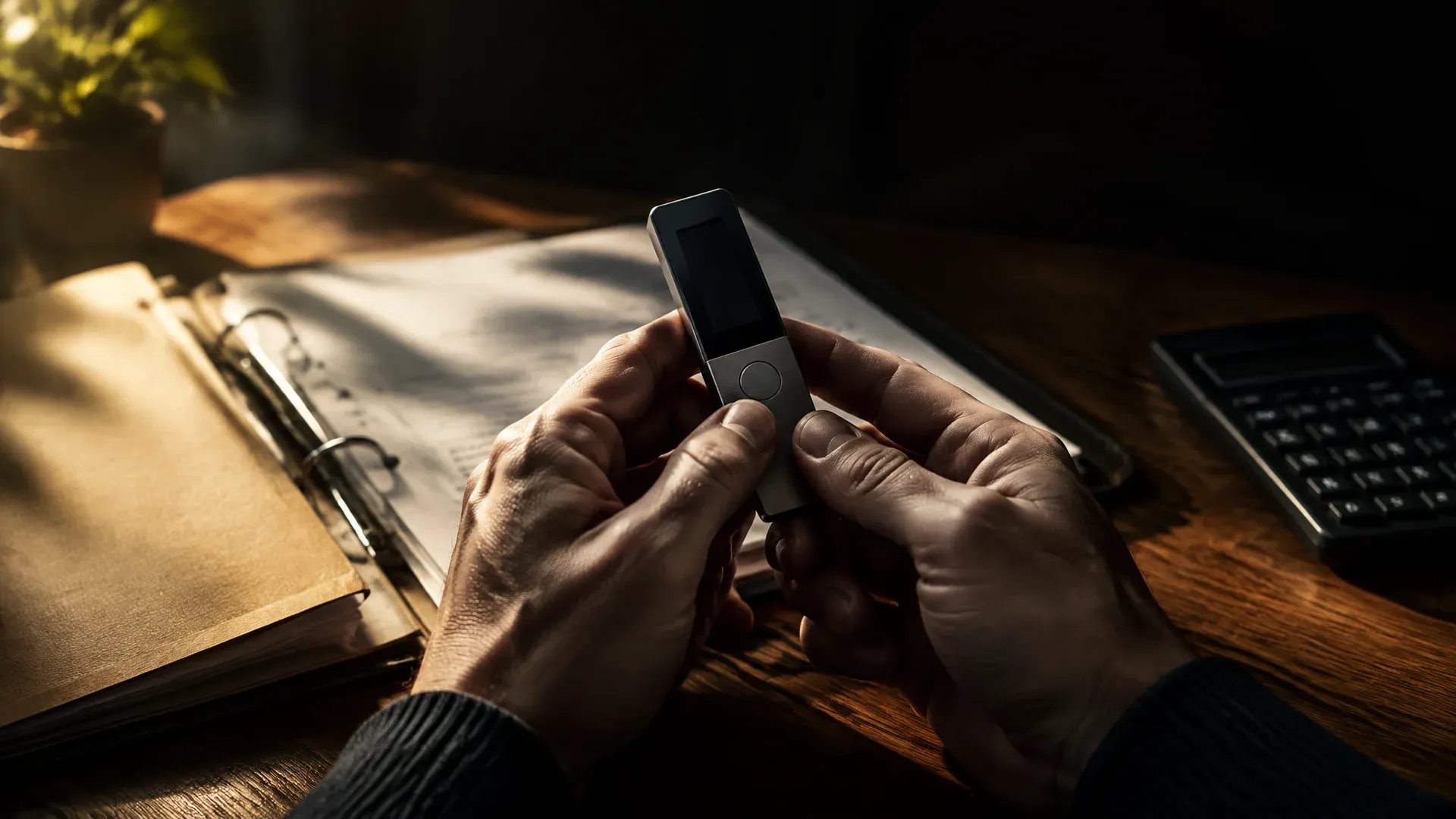 Hände halten eine markenlose Hardware-Wallet über einem Papierordner und einem Taschenrechner